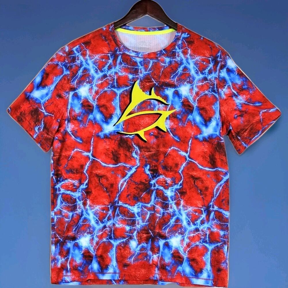 Loco Skailz Men's Medium Short Sleeve Stretch Quick Dry Fishing Shirt Red Blue